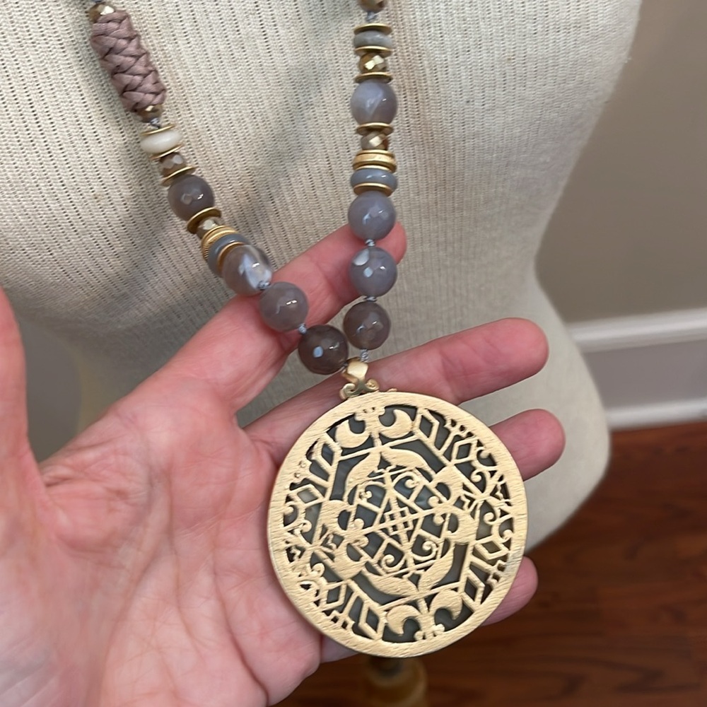 Matte Gold-tone Chain Grey Beads and Large Medallion - Picture 10 of 16